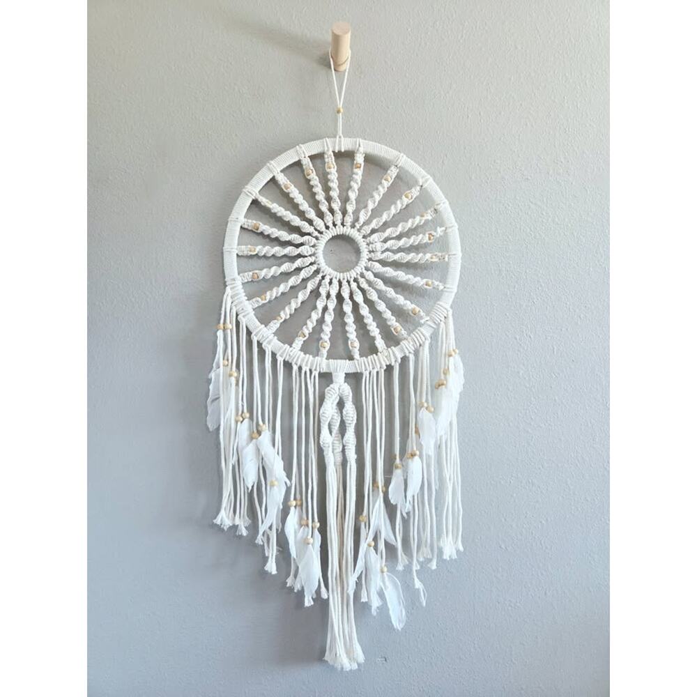 Large Woven White Macrame 15" Dia x 40" Long Dream Catcher With Feathers Beads